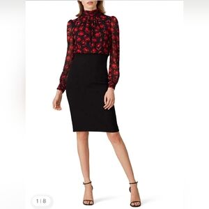 Badgley Mischka Black Midi Dress with Red Floral Bodice - Size 16